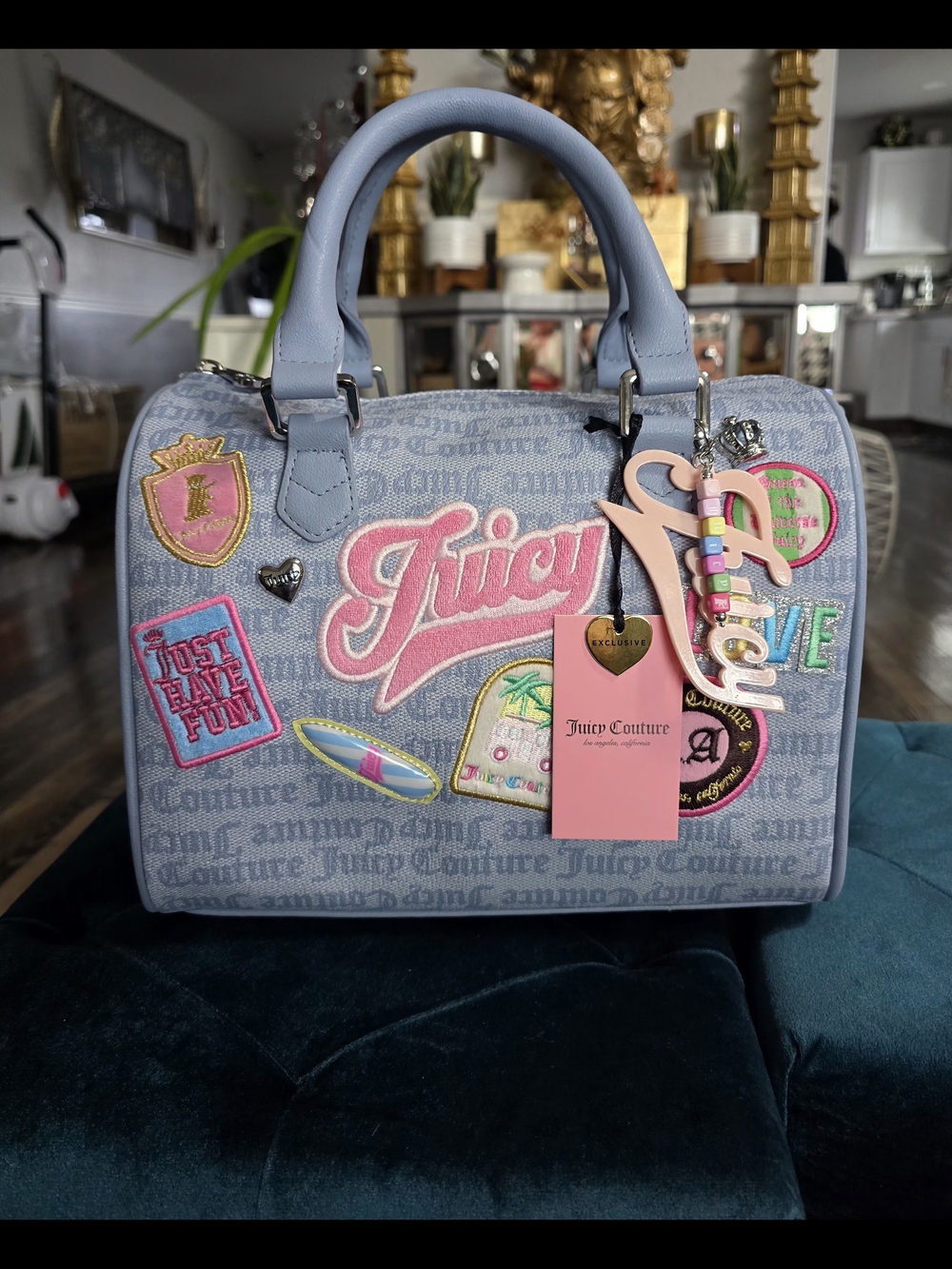 JUICY COUTURE Run The World Satchel Crossbody Bag Dusty Blue